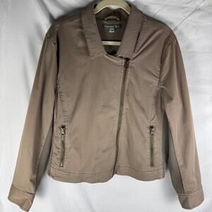 Garnet Hill Organic Cotton Moto Jacket Womens 14 Army Green Asym Zip EUC